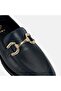 Women's Navy Blue Leather Loafer with Metal Buckle Accessories - 6