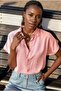 Women's Light Pink Bat Viscose Short Sleeve Summer Shirt with Buttons - 5
