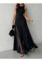 Women's Strappy Crew Neck Asymmetrical Hem Tulle Detailed Long Imported Crepe Dress - 3