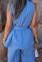 Blue Tie-Up Crinkle Blouse Pants Suit Jumpsuit - 5