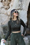 Dark Khaki Long Sleeve Crop Top - 3