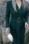 Emerald green long sleeve waist buckle detail dress - 4
