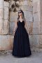 Navy Blue Gather Detail Neck Tie Loose Dress