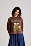 Women's Brown Wide Sleeve Oversize Printed T-Shirt 31101 - 7