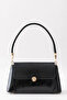 Women's Black Wrinkled Leather Shiny Baguette Hand and Shoulder Bag