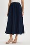 Women's Relax Fit 100% Cotton Soft Textured Elastic Waist Midi Length Pocketed Navy Blue Pleated Flared Skirt - 3