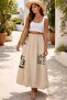 Patch Detailed Elastic Waist Italian Linen Skirt