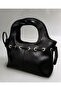 Women's Black Leather Hand and Shoulder Bag with Drawstring Detail - 7