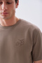 Men's Mink Color Embroidered Loose Fit Crew Neck T-Shirt - 3