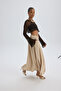 Aninas Elastic Waist Detail Beige Midi Skirt - 3