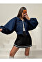 Balloon Sleeve Denim Jacket with Flap Pockets - Navy Blue - 2