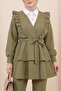 Ruffled Front Lace-Up Skirt and Layered Trousers Kimono Set -Khaki