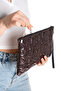 Star Embroidered Portfolio Handbag with Wrist Strap, Satin Lined Platinum Clutch Bag - 8