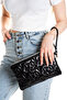 Star Embroidered Portfolio Handbag with Wrist Strap, Satin Lined Black Clutch Bag - 6