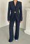 Women's Two-Piece Stylish Button Detail Mock Neck Blazer Jacket Wide-Leg Pants Set - 6
