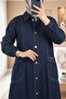 Bag with Pockets and Metal Buttons, Long Denim Cap - Navy - 4