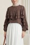 Flounce Sleeve Elastic Blouse -K. Coffee