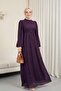 Elastic Sleeves, Glitter Stripes, Belted Dress - Purple