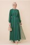 Stone and Pearl Detailed Double Abaya with Lace-Up Waist - Green - 4