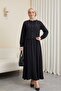 Buttoned Jacket Skirt Linen Set with Stones on the Shoulder - Black