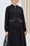 Linen Look Suit with Zippered Jacket and Elastic Waist Skirt - Black - 3