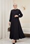 Buttoned Jacket Skirt Linen Set with Stones on the Shoulder - Black - 3