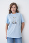 Women's Blue and White Tile Patterned Ceramic Cherry Printed Round Neck Blue T-Shirt - 4