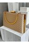 Beige Color Gold Detailed Hand-Woven Leather Special Series Women's Evening Dress Bag - 7