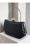 Black Color Silver Detailed Hand-Woven Leather Special Series Women's Evening Dress Bag - 6