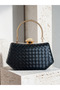 Black Color Gold Detailed Hand-Woven Leather Special Series Women's Evening Dress Bag - 5