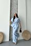 Women's Blue Linen Fabric Front Tie Suit Esr088