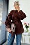Balloon Sleeve Belted Poplin Shirt Tunic - Brown - 5