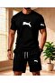 Men's Printed Oversize Top-Bottom Set Black Bartik Shorts T-Shirt