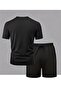 Men's Printed Oversize Top-Bottom Set Black Bartik Shorts T-Shirt - 2