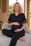 New Season Black Maternity Summer Pajama Set with Pompom Detail, Short Sleeve, Lace, Stylish Dressing Gown Pajama Set - 8