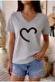 Half Heart Printed Women's Oversize V-Neck T-Shirt