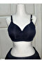 Women's C Cup Striped Patterned Gathering Navy Blue Bra - 2