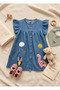 Girl's Punch Embroidered Blue Jean Dress - Dinosaur and Sun Patterned Summer Denim Dress (Ages 2-7) - 4
