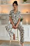 Women's Leaf Patterned Shirt Collar Short Sleeve Long Cool Milan Fabric Pajama Set