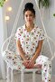 Women's Avocado Patterned Shirt Collar Short Sleeve Long Cool Milan Fabric Pajama Set