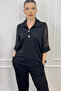 Women's Black Tulle Sleeve Shirt Collar Blouse - 5