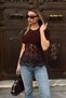 Brown Short Sleeve Lace Garnished Waist Cross Tie Women's Sandy Blouse - 3