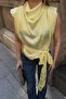 Yellow Padded Half Fisherman Shoulder Draped Tie Detail Women's Satin Blouse - 4