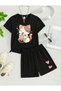 Girls' Black Round Neck T-Shirt and Shorts Set