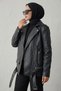 Elvera Zr Oversize Long Women's Hijab Black Leather Jacket - 6