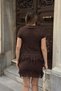 Brown Tassel Detail Polo Collar Cardigan-Skirt Openwork Women's Knitwear Top and Bottom Set - 6