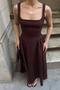 Brown Thick Strap Waist Gathered Women's Flared Midi Dress - 4