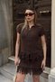 Brown Tassel Detail Polo Collar Cardigan-Skirt Openwork Women's Knitwear Top and Bottom Set - 3