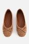 Women's Tan Suede Knitted Bow Ballet Flats - 6