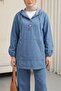 Hooded half button kangaroo pocket denim suit - blue - 3